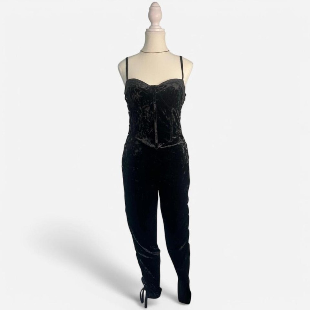 Rosevelvet Black Velvet Corset Jumpsuit Y2K Glam Strappy Bodycon‎ Romper Large